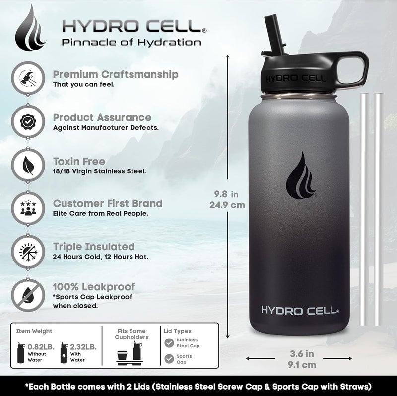 HYDRO CELL Stainless Steel Insulated Water Bottle with Straw - For Cold & Hot Drinks - Metal Vacuum Flask with Screw Cap and Modern Leakproof Sport Thermos for Adults (Graphite/Black 32oz) - Image 2